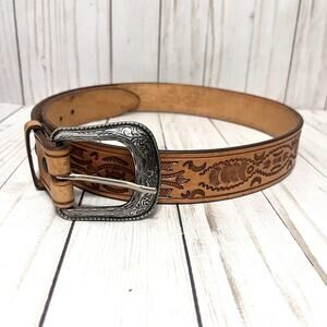 Western Tooled Leather Belt Women’s Size 36 Engraved Silver Buckle Made Mexico